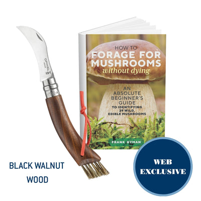 A mushroom foraging kit shown on a white background, including a black walnut wood-handled knife with a silver blade, a small brush with natural bristles, and a book titled "How to Forage for Mushrooms without Dying" by Frank Hyman. A blue circular badge reads "WEB EXCLUSIVE.