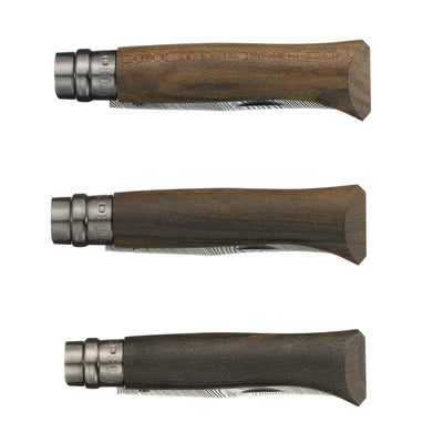 Three folding pocket knives with dark brown wood handles and silver metal blades, arranged vertically on a plain white background.