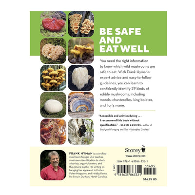 Back cover of the book 'Be Safe and Eat Well' by Frank Hyman, featuring a green top section with the title, a central column of mushroom identification photos, a review quote, author bio, and a barcode on a cream background.