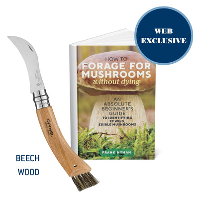 A knife with a curved silver blade and a light wood handle branded OPINEL, shown next to a book titled 'How to Forage for Mushrooms without Dying' by Frank Hyman. A blue circular badge reads 'WEB EXCLUSIVE' and the text 'BEECH WOOD' appears near the handle.