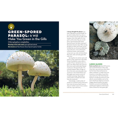 A two-page spread from a mushroom guide or magazine featuring green-spored parasol mushrooms. The left page has a dark blue header with the title 'GREEN-SPORED PARASOL: It Will Make You Green in the Gills' and a large photo of white mushrooms in green grass.