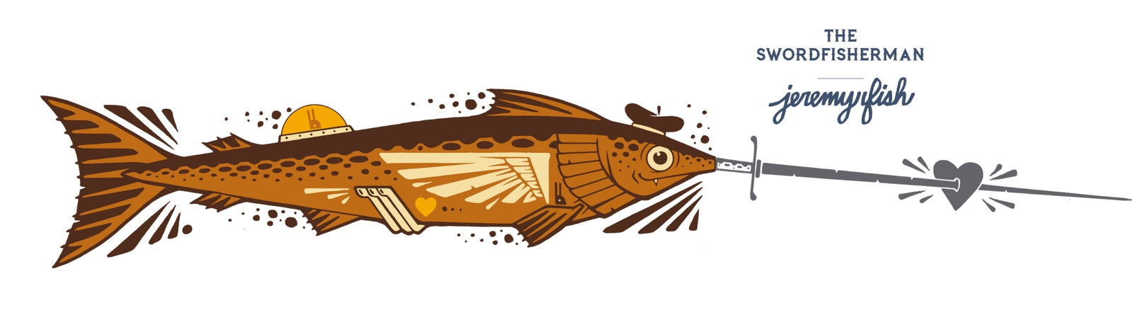 A stylized illustrated swordfish with a sword through its nose, shown on a white background with the text 'THE SWORDFISHERMAN' and 'jeremyfish' plus a small heart graphic.