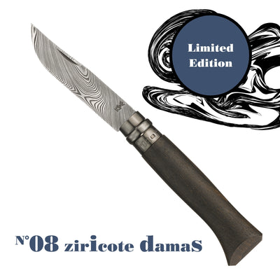 A Damascus steel folding knife with a patterned blade and dark wood handle, shown on a white background with a blue 'Limited Edition' badge and text reading 'N°08 ziricote damas'.