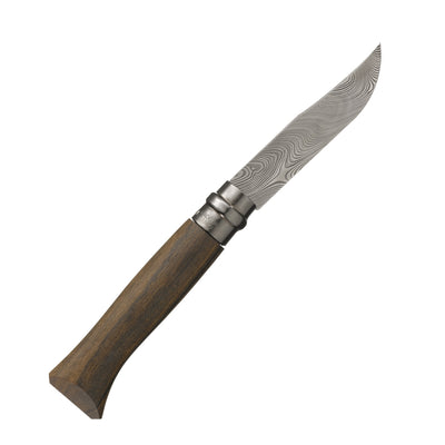 A folding pocket knife with a Damascus steel blade and a dark brown wooden handle, shown diagonally on a plain white background.