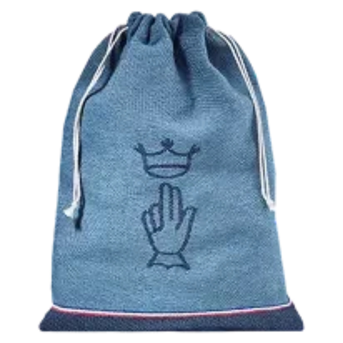 A light blue drawstring pouch with a dark blue embroidered crown and hand graphic on the front, set against a plain white background.
