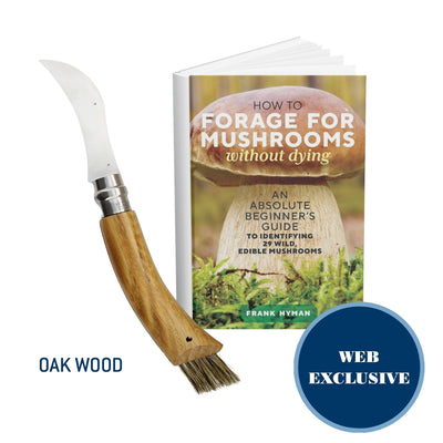 A mushroom foraging kit featuring an oak wood-handled knife with a white blade, a book titled 'How to Forage for Mushrooms without Dying' by Frank Hyman, and a blue circular badge that says 'WEB EXCLUSIVE'.