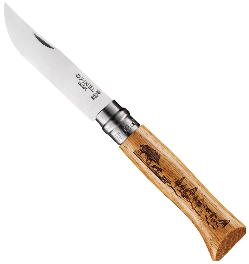 No.08 Oak Engraved Handle Folding Knife - Animalia-OPINEL USA